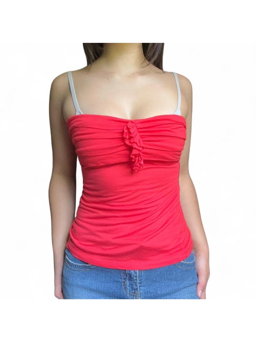 red strapless top w/ ruffle design